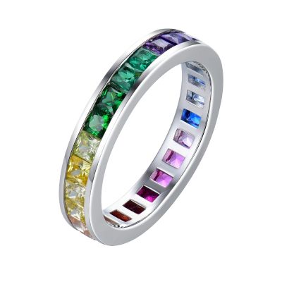 Sterling Silver Unique Multi Color Princess Cut Women's Eternity Wedding Band