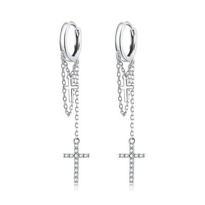 Sterling Silver Delicate Cross Design Round Cut Drop Earrings