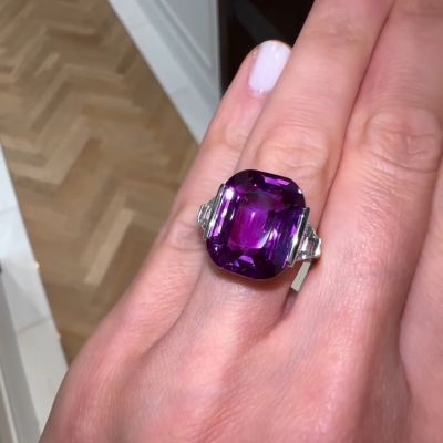 11ct Cushion Cut Purple Gemstone with two Trapezoid Cut Colorless Side Stones Sterling Silver Ring