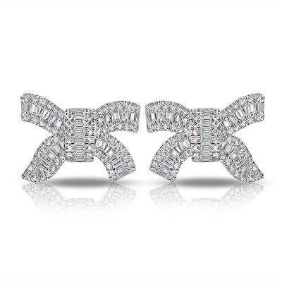 Sterling Silver Classic Bowknot Inspired Baguette And Round Cut Stud Earrings