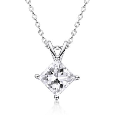 Sterling Silver Simple Four Prong Princess Cut Necklace