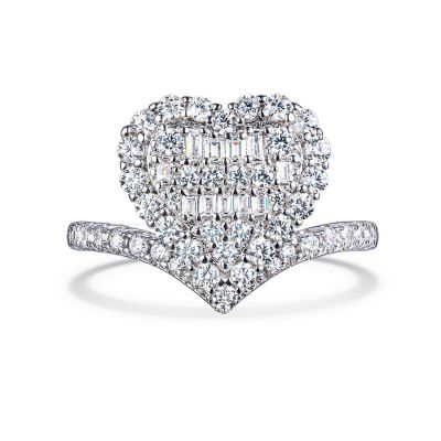 Sterling Silver Delicate Heart Shape Halo Round With Baguette Cut Engagement Ring