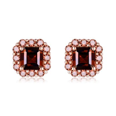 Sterling Silver Delicate Halo Asscher With Round Cut Chocolate Stud Earrings