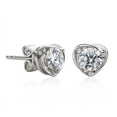 Sterling Silver Heart Design Halo Round Cut Stud Earrings