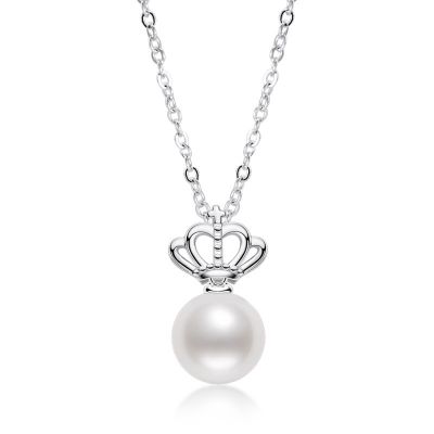 Sterling Silver Delicate Crown Design Pearl Necklace