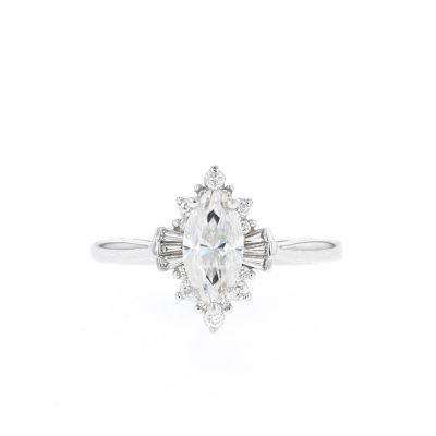 Sterling Silver Unique Vintage Design Halo Marquise Cut Engagement Ring