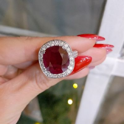 10.09 Carats Cushion Cut Ruby Diamond Antique Style Ring