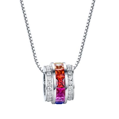 Sterling Silver Multi Color Triple Row Princess With Round Cut Necklace