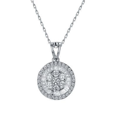 Sterling Silver Exquisite Halo Round With Baguette Cut Necklace