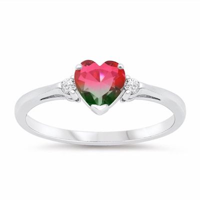 Sterling Silver Three Stone Heart With Round Cut Watermelon Engagement Ring