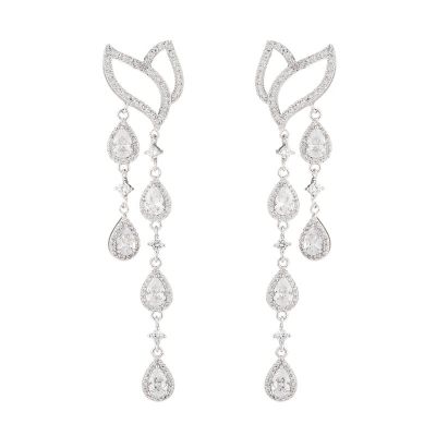 Sterling Silver Luxury Halo Pear With Round Cut Drop Earrings