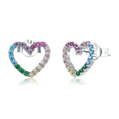 Sterling Silver Elegant Heart Shape Multi Color Round Cut Stud Earrings