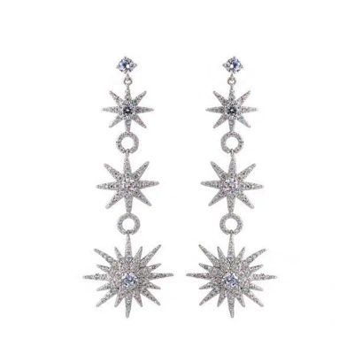 Sterling Silver Delicate Star Shape Halo Round Cut Drop Earrings