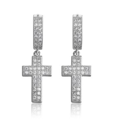 Sterling Silver Delicate Cross Inspired Round Cut Drop Earrings