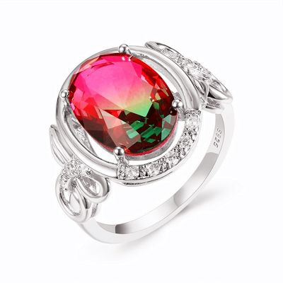 Sterling Silver Unique Halo Design Oval With Round Cut Watermelon Engagement Ring