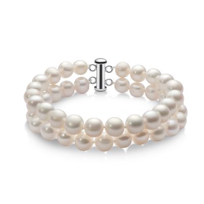 Sterling Silver Elegant Double Row White Pearl Bracelet