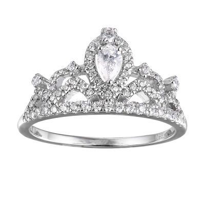 Sterling Silver Elegant Crown Design Halo Pear Cut Engagement Ring