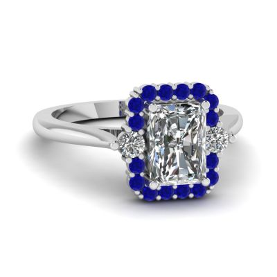 Sterling Silver Unique Halo Design Radiant With Round Cut Engagement Ring