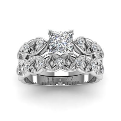 Sterling Silver Elegant Flower Inspired Princess Cut Wedding Ring Set