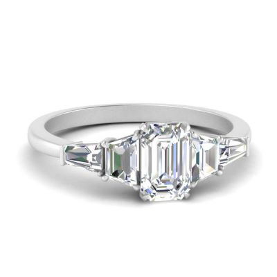 Sterling Silver Classic Emerald With Baguette Cut Engagement Ring