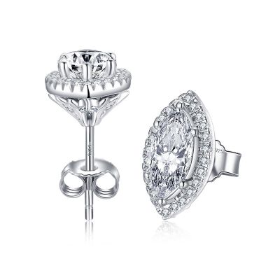 Sterling Silver Classic Halo Marquise With Round Cut Stud Earrings