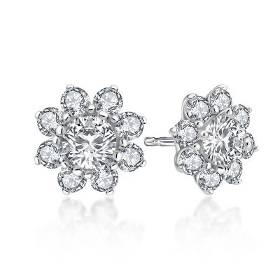 Sterling Silver Floral Halo Round Cut Stud Earrings
