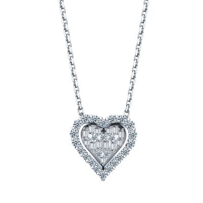 Sterling Silver Delicate Heart Shape Design Halo Round With Baguette Cut Necklace