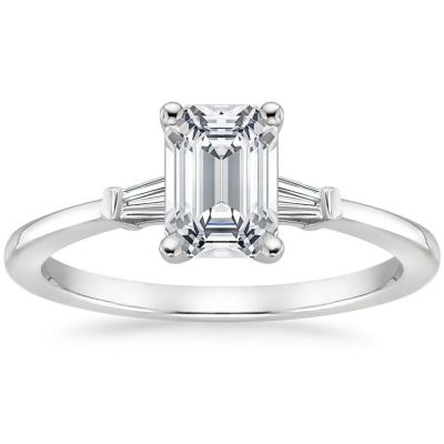 Moissanite Classic Three Stone Emerald With Tapered Baguette Cut Engagement Ring