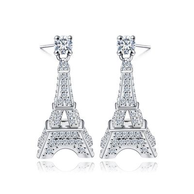 Sterling Silver Elegant Eiffel Tower Inspired Round Cut Drop Earrings