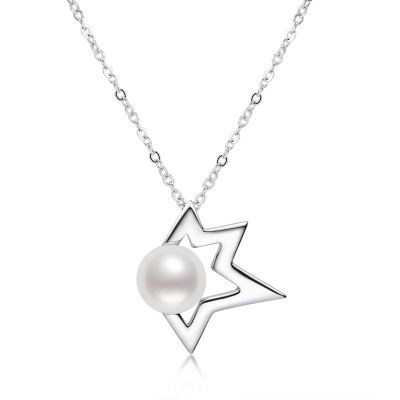 Sterling Silver Luxury Star Design White Pearl Necklace