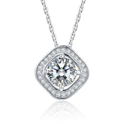 Sterling Silver Elegant Square Shape Design Halo Round Cut Necklace