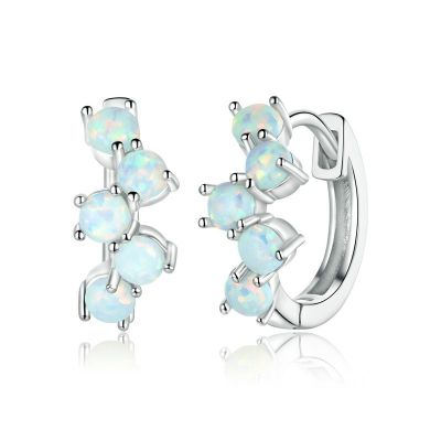 Sterling Silver Delicate Opal Round Cut Hoop Earrings