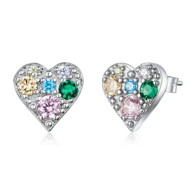 Sterling Silver Heart Shape Design Multi Color Round Cut Stud Earrings