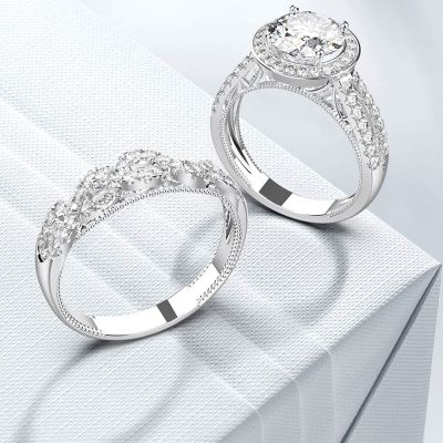 Sterling Silver Classic Split Shank Halo Round Cut Wedding Ring Set