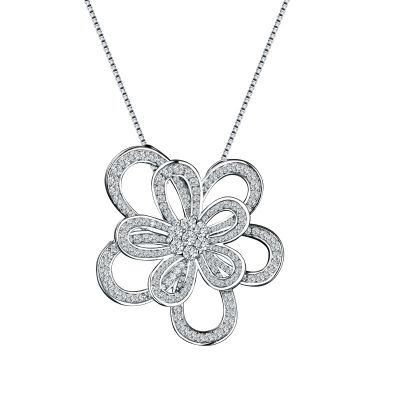 Sterling Silver Double Flower Design Round Cut Necklace