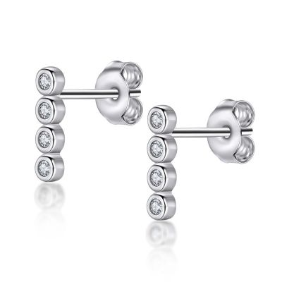 Sterling Silver Link Design Four Stone Round Cut Stud Earrings