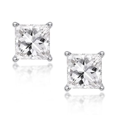 Sterling Silver Simple Princess Cut Stud Earrings