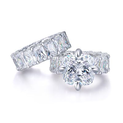 Sterling Silver Exquisite Cushion And Radiant Cut Wedding Ring Set