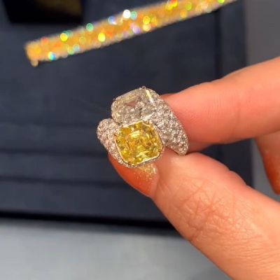 6.0CT Yellow And White Color Separation Double Asscher Cut Diamonds Ring