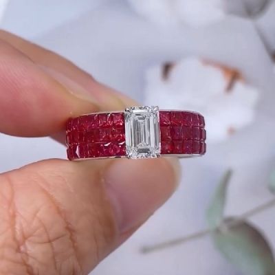 4.0CT Ruby and Emerald Cut Diamond Cocktail Ring