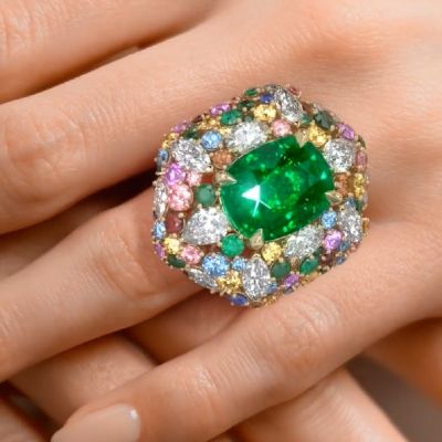  The Symphony of Colors With A Dome of Oval Cut Emerald Handmade Cocktail Ring