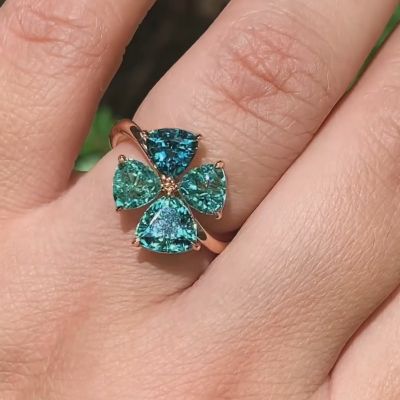 3.82 Carat Trillion Cut Zambian Emeralds Four Leaf Ring