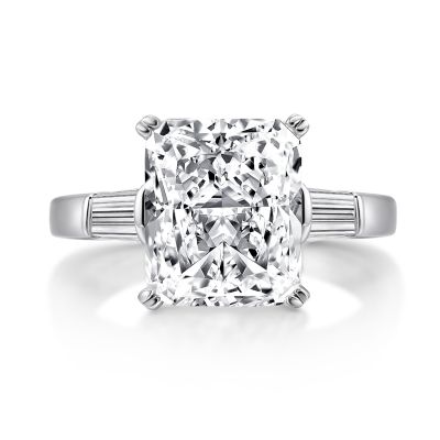 Sterling Silver Three Stone Radiant Cut Engagement Ring With Tapered Baguette Cut Side Stones