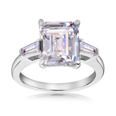 Sterling Silver Three Stone Halo Emerald Cut Engagement Ring