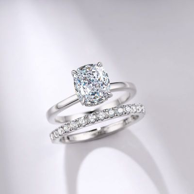 Sterling Silver Classic Halo Cushion Cut Wedding Ring Set