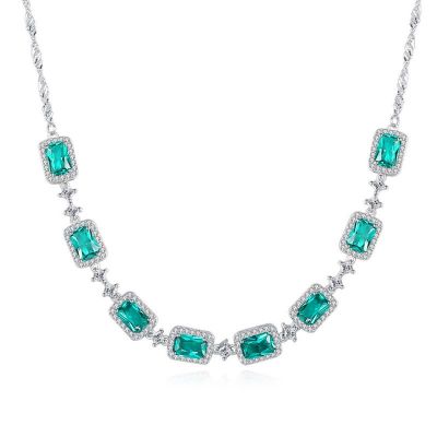 Sterling Silver Chain Design Halo Emerald With Round Cut Necklace