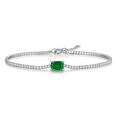 Sterling Silver Unique Emerald With Round Cut Tennis Bracelet