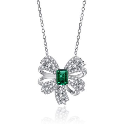 Sterling Silver Bowknot Design Halo Emerald With Round Cut Necklace