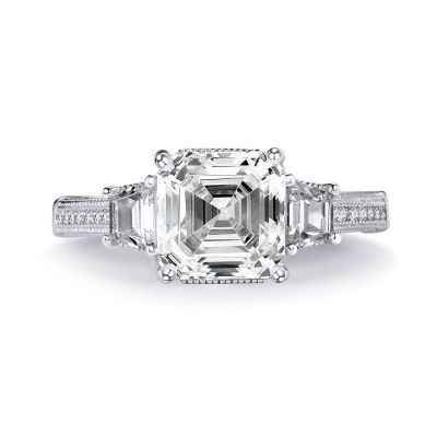 Sterling Silver Graceful Three Stone Halo Asscher Cut Engagement Ring