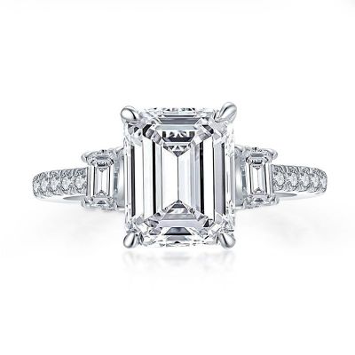 Sterling Silver Elegant Three Stone Halo Emerald Cut Engagement Ring